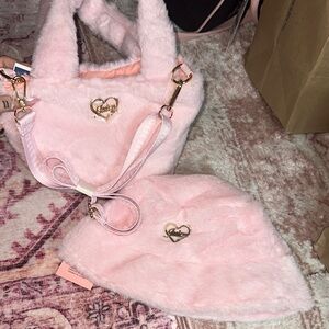 Juicy couture Pink Faux Fur Handbag and Hat Set